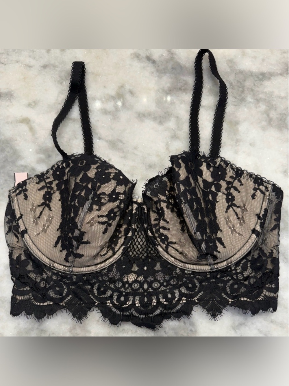 Victoria’s Secret Dream Angels Lace Bustier Bra 36D | Longline | Black/Nude 🖤